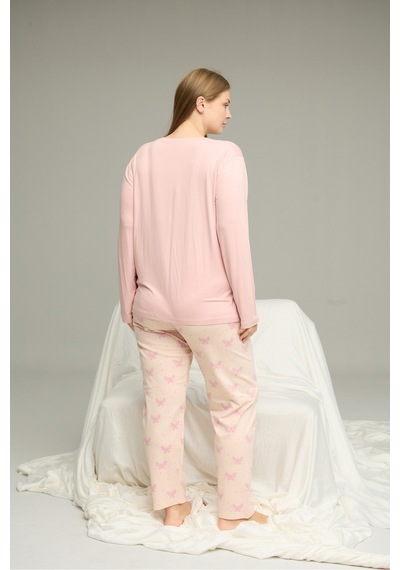 Siyah İnci Curve Büyük Beden Battal Boy Pamuklu Pijama Takım25240803 Pudra