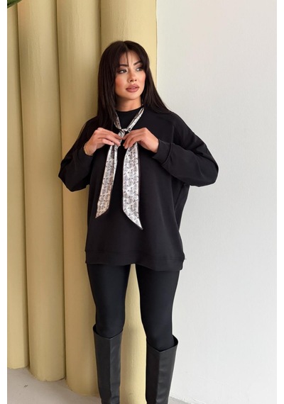 Balenbi Premium Modal Fular Detaylı Bisiklet Yaka Oversize Tunik 1177 Siyah