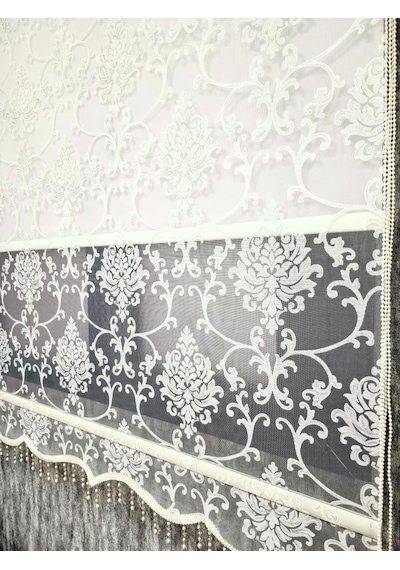Bbb Simli Boncuklu Damask Desenli Çift Mekanizmalı Tül Stor Perde Ekru Mt1018sb Ekru