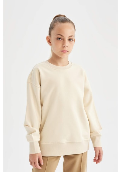 Defacto Kız Çocuk Relax Fit Bisiklet Yaka Pamuklu Basic Düz Okul Sweatshirt A2797A824AUBG286 Bej