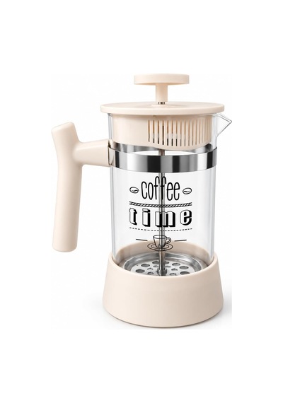 Cam French Press Kahve Ve Bitki Çayı Demliği, Pistonlu Metal Filtreli, Kulplu Coffee Time Baskılı Kahve Presi 350 M Diğer