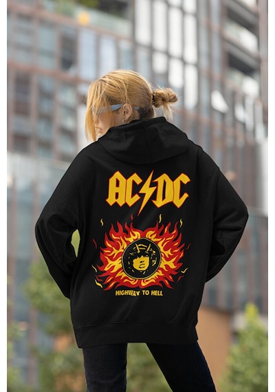 Sevbano Ac Dc Müzik Grubu Baskılı Unisex Oversize Rock Metal Hoodie Siyah