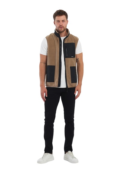 Adams Erkek Polar Kolsuz Çift Renk Yelek 3 Cepli Comfort Fit Kahverengi