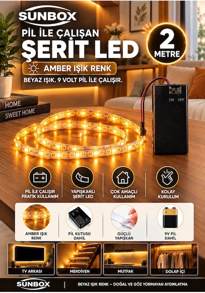 Pilli Yapışkanlı 2 Metre Amber Pilli Şerit Led Pil Hediyedir Amber Amber