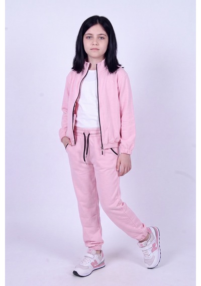 Panios Kids Kız Çocuk Dik Yaka Fermuarlı Beli Bağcıklı Lastik Paça Eşofman Takımı Pembe