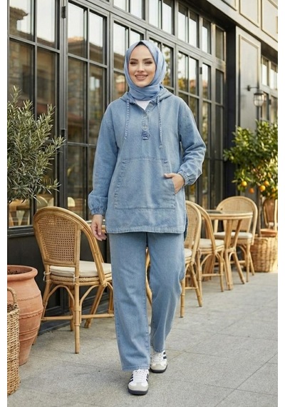 Hb Harma Time Butik Kadın Kapüşonlu, Düğmeli Ve Cepli Açık Kot Mavi Tunik Pantolon İkili Takım Açık Mavi