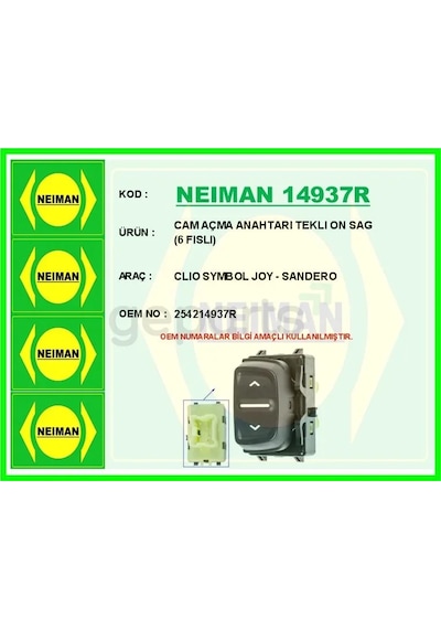 Cam Açma Anahtari Ön Tekli Renault Dacia Logan 2 2012 Sandero 2 2012 6 Fişli