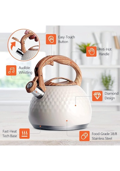 Valkyrie Modern Tasarım Düdüklü Kettle 3l Paslanmaz Çelik Ergonomik Su Isıtıcı Çaydanlık Islıklı Krem