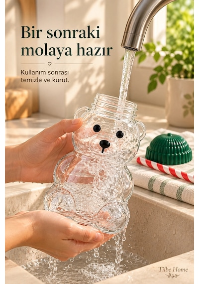 Tilbe Home 2li Ayıcık Cam Bardak Su Matarası 600ml Pipetli Kapaklı Suluk Soğuk İçecek Kokteyl Bardağ