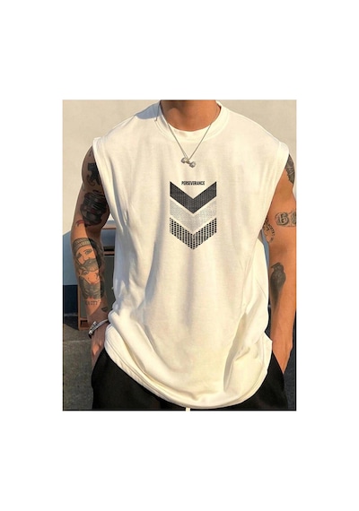 Tarzsokak Perseverance Baskılı Kolsuz Tshirt Erkek Sıfır Kol Giyim Spor Giyim Oversize Beyaz
