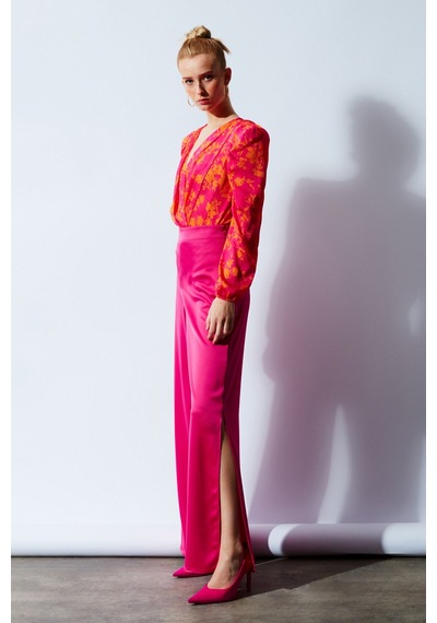 Sateen Yırtmaç Detaylı Saten Pantolon - Fuşya