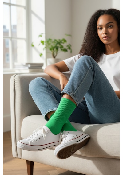 Socks Stores 6 Çift Unisex Renkli Pamuklu Soket Çorap - Renkli Tenis Boy Çorap Yeşil