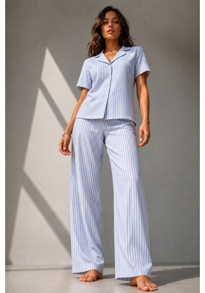 Kadın Klasik Doğal Düğme Gece Mavi Pijama Takımı
