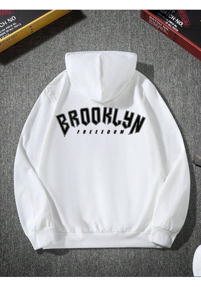 Unisex Oversize Beyaz Brooklyn Freedom Baskılı Sweatshirt Kapüşonlu Hoodie Beyaz
