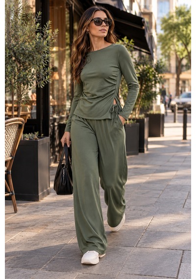 Moda Banuş Modal Kumaş Bol Paça Haki Rahat Eşofman Takımı Yeşil Yeşil