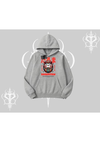 Startmore Kapşonlu Sweatshirt Daruma Kedi Anime Baskılı Gri