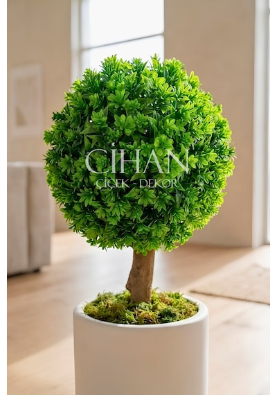 Yapay Top Şimşir Ağacı 70 Cm Uv Dayanıklı - Beyaz 32x30 Silindir Saksı Şimşir Çapı 35 Cm