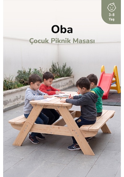 Ovlo Ahşap Çocuk Bahçe Masası Şemsiye Delikli 3-8 Yaş 4 Kişilik Oba Naturel