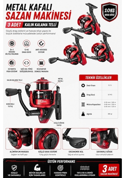 Profesyonel 3 Lü Sazan Olta Takımı - 3.30mt- Kırılmaz Kamış Metal Kafa Makine