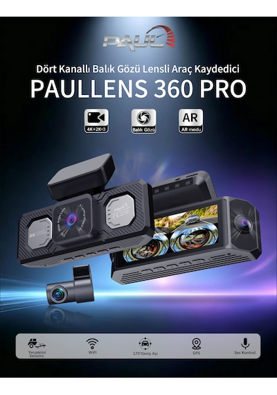 Paul Lens 360pro 4k Yapay Zekalı 4 Göz Araç Kamerası, Ön Arka Plaka Okuma Sağ Sol Balık Gözü Geniş Açılı, Gps Harita, Adas, 5g Wi-fi, Hız Göstergeli