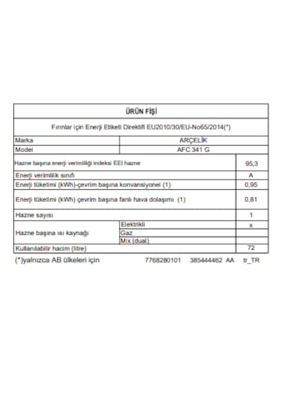 Arçelik AFC 341 G Buhar Destekli Fırın