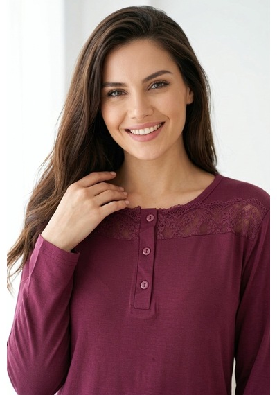 Aura Collections Kadın Dantelli Bambu Viskon Uzun Kollu Mevsimlik Soft Örme Pijama Takımı Bordo