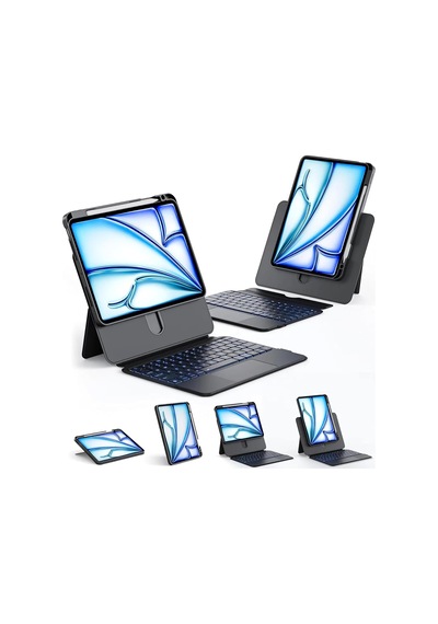 Apple iPad Uyumlu  11-inch A16, 2025 And Apple iPad Uyumlu  10th Gen 10.9-inch Uyumlu 360 Dönebilen Keyboard Touchpad Işıklı Türkçe Q Klavyeli 7-color Backlight Kılıf Beyaz