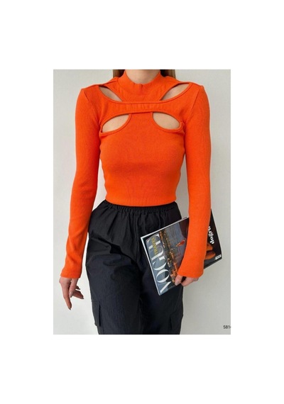 DefyModa Kadın Modern Sandy Kumaş Dik Yaka Uzun Kollu Bluz Turuncu