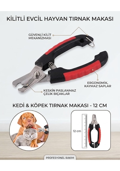 Kilitli Evcil Hayvan Tırnak Makası - Kedi Ve Yavru Köpek Tırnak Kesim Makası Paslanmaz Çelik 12 Cm