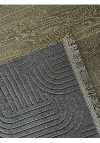 Melena Carpet Modern Salon Halısı Premium Seri Emboss Kabartmalı Saçaklı Kaymaz Taban Halı Antrasit
