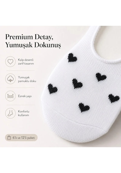 DS Wak Kadın Kalp Desenli Görünmez Babet Çorap 12'li Pamuklu Kaymaz Topuk, Siyah Beyaz Karışık