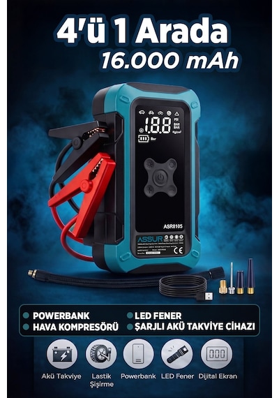 4'ü 1 Arada Dijital Göstergeli Powerbank Led Fener Hava Kompresörü Şarjlı Akü Takviye Cihazı-3277