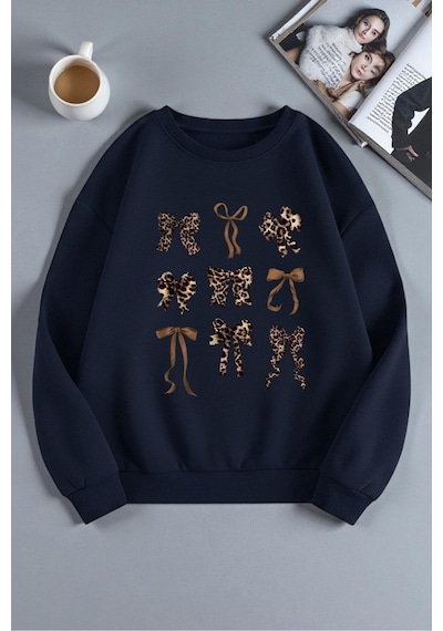 Uyguntarz Unisex Leopar Desenli Tasarım Baskılı Bisiklet Yaka Sweatshirt Lacivert