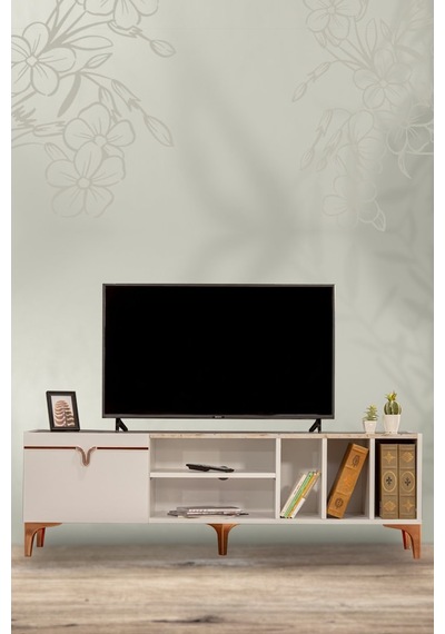 White Tv Ünitesi - Beyaz/Ceviz 160 Cm 2 Kapaklı + 2 Raflı Tv Sehp