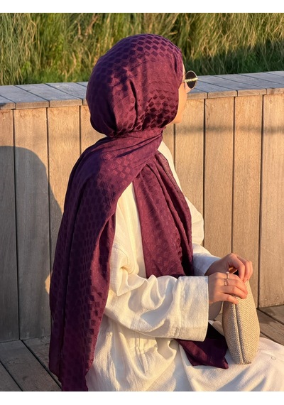 Qalortex Scarf Premium Pamuklu Jakar Şal-patlıcan Mor