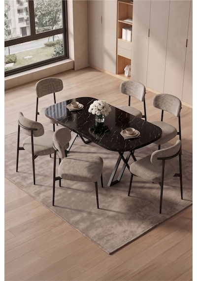 Robii 90x168 Siyah Mermer Mdf Masa, Metal X Ayak, Metal Polo Sandalye, 6 Kişilik Mutfak Masası Takımı Ve Yemek Masası Takımı Bej Robii 90x168 Siyah Mermer Mdf Masa, Metal X Ayak, Metal Polo Sandalye, 6 Kişilik Mutfak Masası Takımı Ve Yemek Masası Takımı Bej