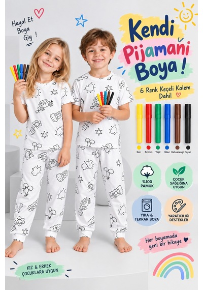 Pijamask Boyanabilir Unisex Çocuk Pijama Takımı 6 Renk Keçeli Kalem Hediyeli, Yıka Tekrar Boya, %100 Pamuk Beyaz Pijamask Boyanabilir Unisex Çocuk Pijama Takımı 6 Renk Keçeli Kalem Hediyeli, Yıka Tekrar Boya, %100 Pamuk Beyaz