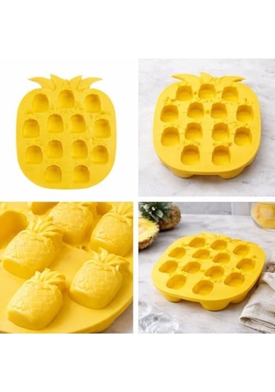 Ananas Şekilli Silikon Buz Kalıbı, Sarı, 12 Bölmeli, Tropikal Tema, Kokteyl Ve İçecekler İçin