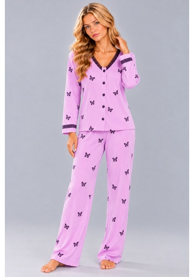Pijamask Kadın Çiçek Ve Kelebek Desenli V Yaka Düğmeli Uzun Kollu Kaşkorse Pijama Takımı Lila-17 Pijamask Kadın Çiçek Ve Kelebek Desenli V Yaka Düğmeli Uzun Kollu Kaşkorse Pijama Takımı Lila-17