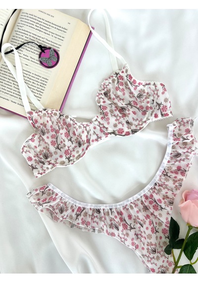 Arinda Butterfly Ekru Tül Çiçek Desenli Balenli Kapsız Fırfırlı Bralette Sütyen Tanga İç Çamaşırı Takımı Alt Üst 2 Parça