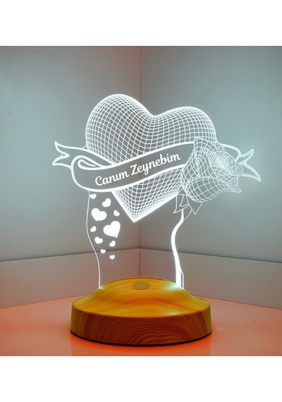 3D Led Lamba 3 Boyutlu Gül Ve Kalp Kişiye Özel Hediye Gecelambası