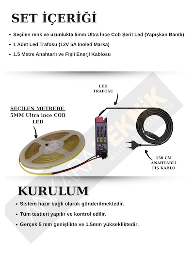 Ankara Teknik 5mm Ultra Ince Cob Şerit Led - Amber 12volt Tak Çalıştır Anahtarlı Set Metre Seçiniz 2 Metre