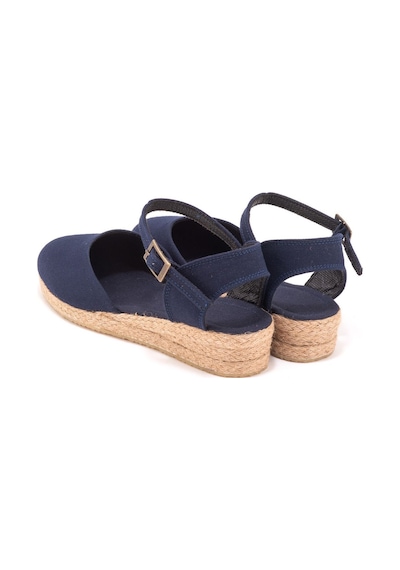 Star Tombis Gerçek Elişi Topuğu Açık Bilekten Bantlı 3cm Dolgu Topuk Keten Hasır Espadril Handmade Lacivert