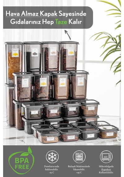 Meleni Home Viola Kapaklı Kare Erzak Saklama Kabı 32'li 8x 0.3 L-0.5 L-1.1 L-1.7 L Etiketli Antrasit