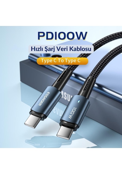 Essager 100w 5a Type C To Type C Süper Hızlı Şarj Ve Data Kablosu, Kopmaz Örgü Tipi Süper Dayanıklı Kablo 2 Metre 1 Adet