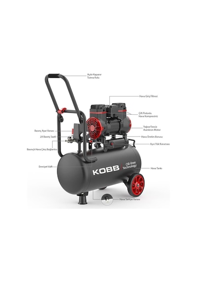 Kobb Kbk25s 1.7hp 25lt 8bar Yağsız Sessiz Taşınabilir Hava Kompresörü