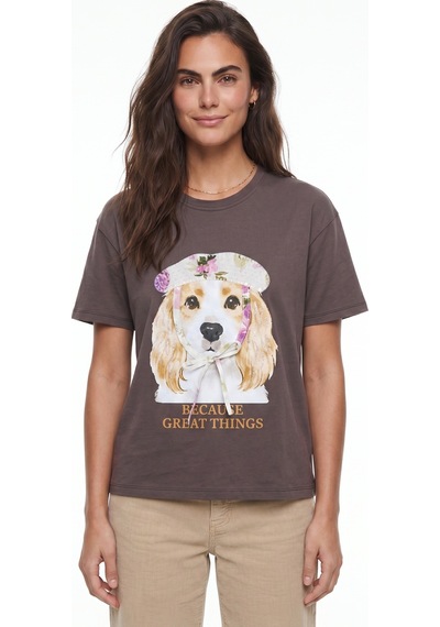 Onloox Kadın Kahverengi Kahverengi Esnek Kumaş Bisiklet Yaka Kısa Kollu Basic Form Köpek Baskılı Payetli T-shirt
