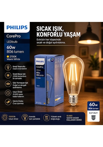 Philips Corepro St64 Led Filament Rustik Ampul 7w E27 - 2700k, 806 Lümen, Cam Gövde, Kod 346758 00- 10'li Paket Diğer