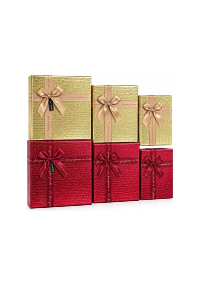 3pcs D.dörtgen Parlak Mix Renkli - Kabartma Desen Karton Hediye Kutusu Kurdelalı 33x24.5-28.5x20.5-24x16.5cm 5580