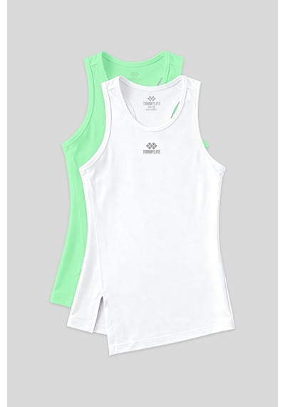 TOMMYLIFE Standart Kalıp O Yaka 2li Paket Beyaz-neon Yeşil Kadın Spor Atlet - 97256 Beyaz - Yeşil
